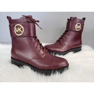 NEW Size 7 Michael Kors Tatum Maroon Combat Lace Up Logo plum Boots Burgundy‎